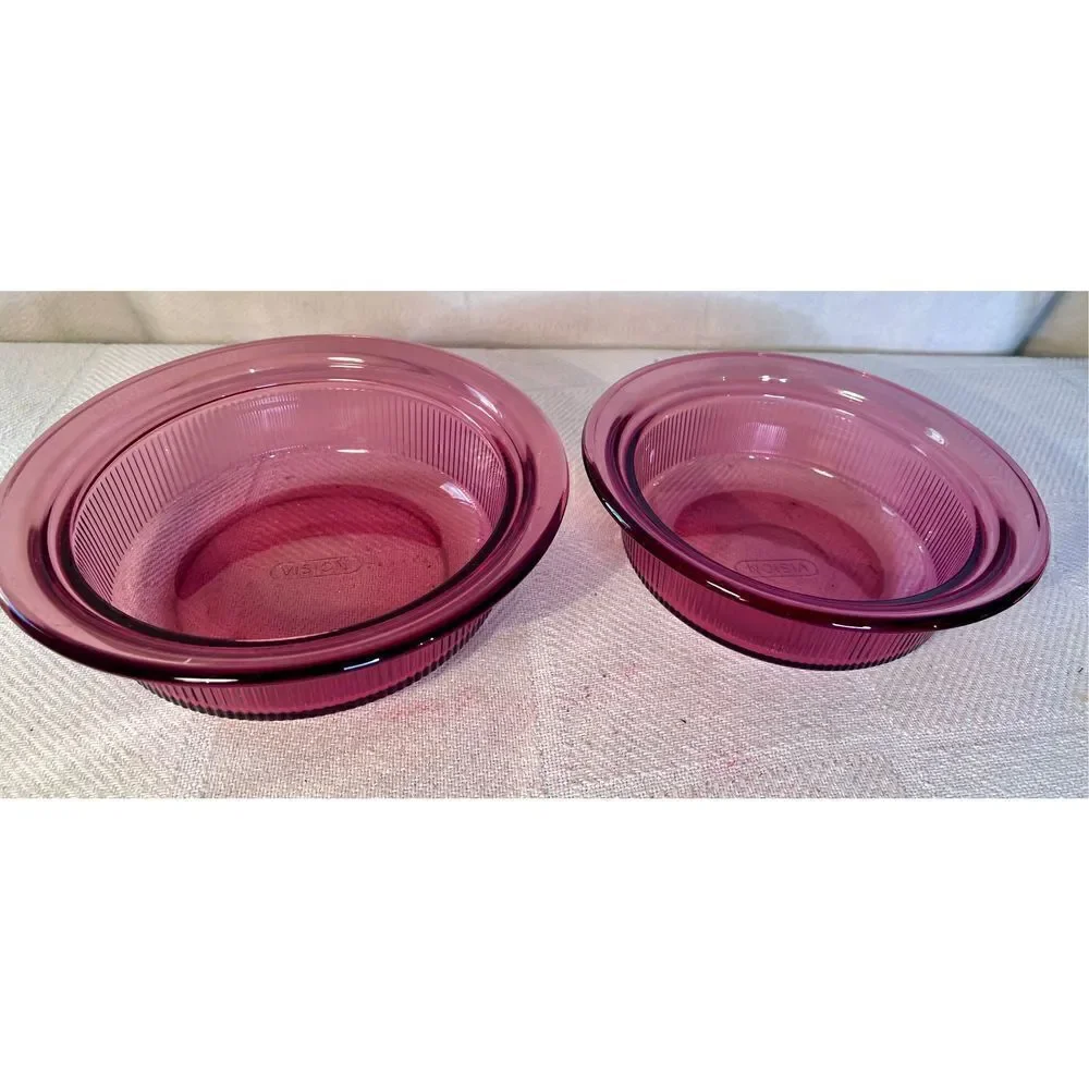 2 Vintage PYREX Cranberry VISIONS Ribbed Casserole Dish 1Qt (V31B) & 24 Oz(V30B)
